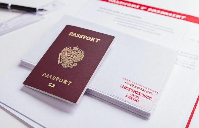 Image of a passport placed on white document with text. Red passport placed on a white document with text.