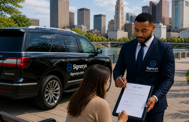 stock image of three people in a meeting. A Signoryx notary meeting a client to perform a mobile notarization in the city of Columbus, Ohio